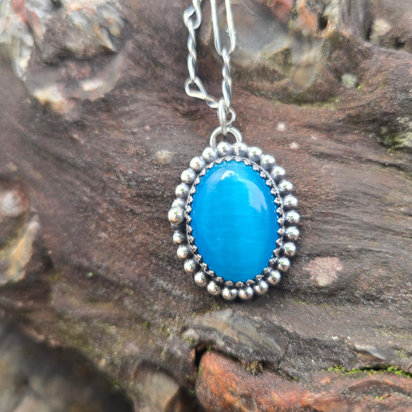 Blue Cat’s Eye Beaded Hand-Forged Sterling Silver Pendant