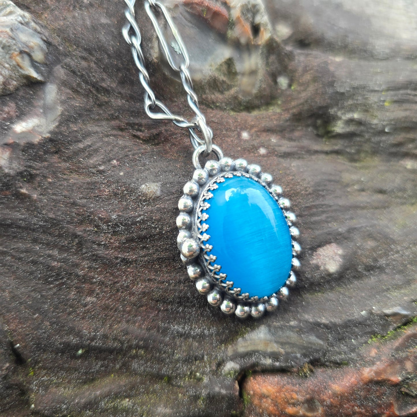 Blue Cat’s Eye Beaded Hand-Forged Sterling Silver Pendant