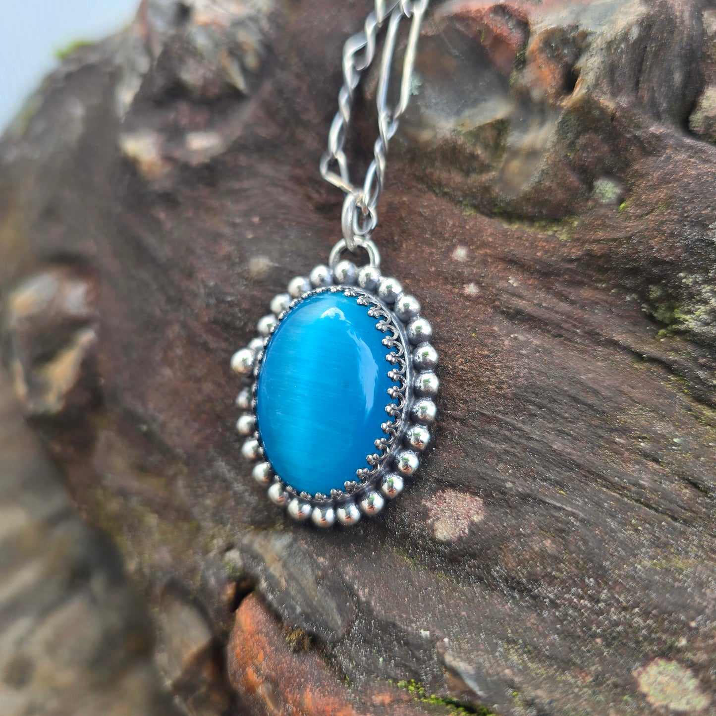 Blue Cat’s Eye Beaded Hand-Forged Sterling Silver Pendant