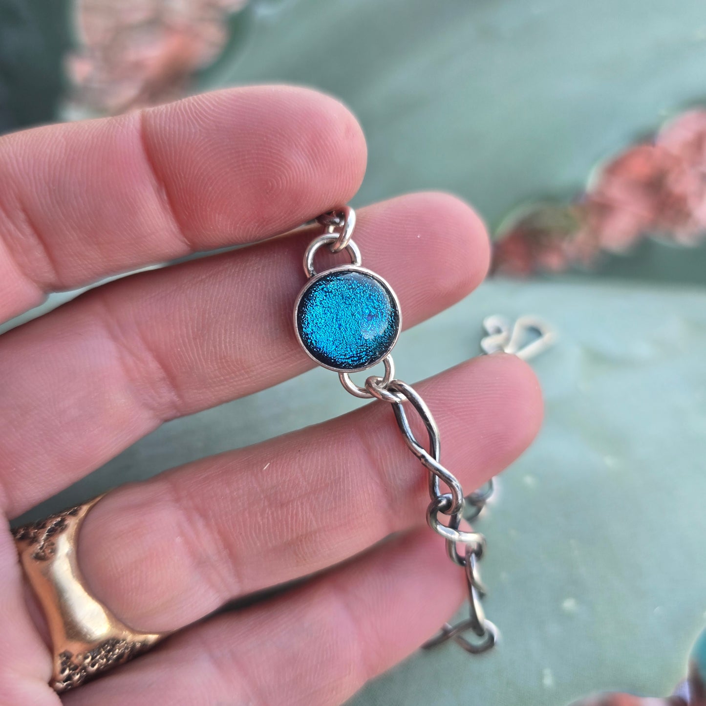 One-of-a-Kind Blue Dichroic Glass Chain Link Bracelet in Sterling Silver