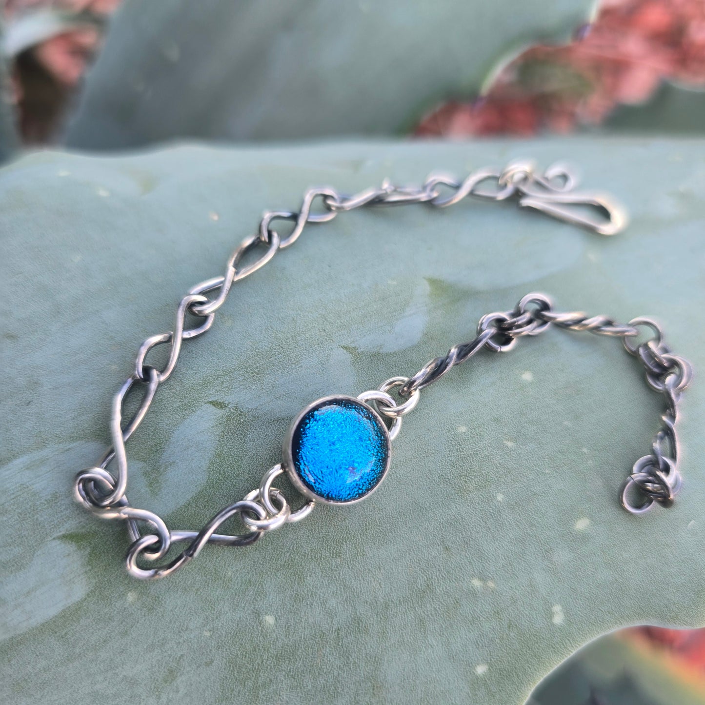 One-of-a-Kind Blue Dichroic Glass Chain Link Bracelet in Sterling Silver