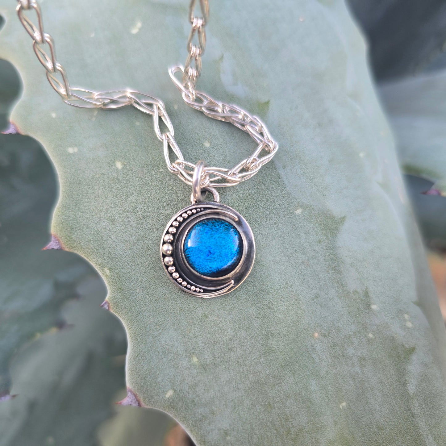 Electric Blue Dichroic Moon Pendant in Sterling Silver