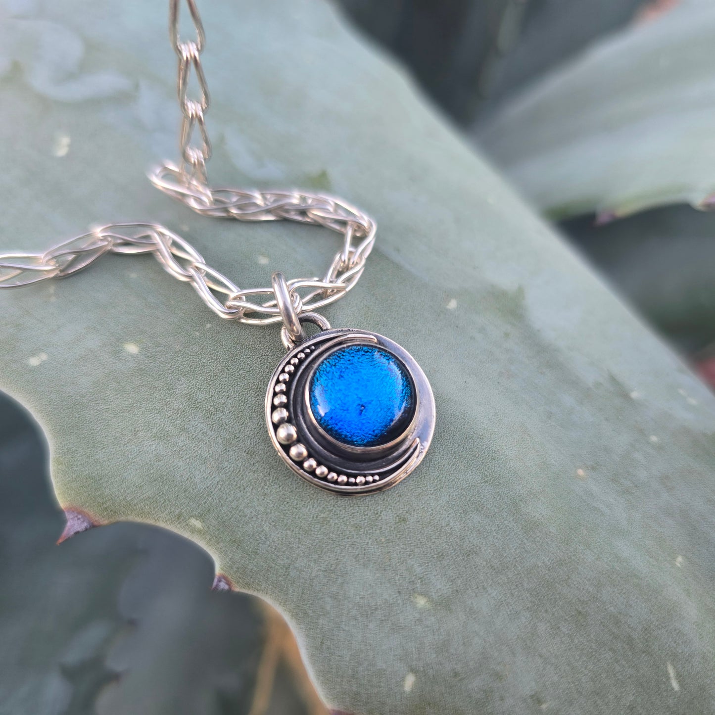 Electric Blue Dichroic Moon Pendant in Sterling Silver