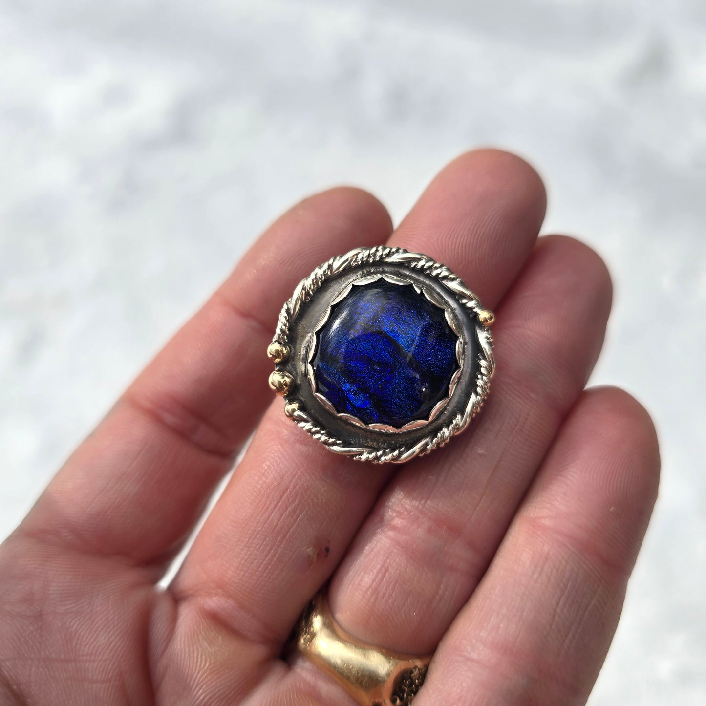 Electric Blue Dichroic Glass Statement Ring in Sterling Silver