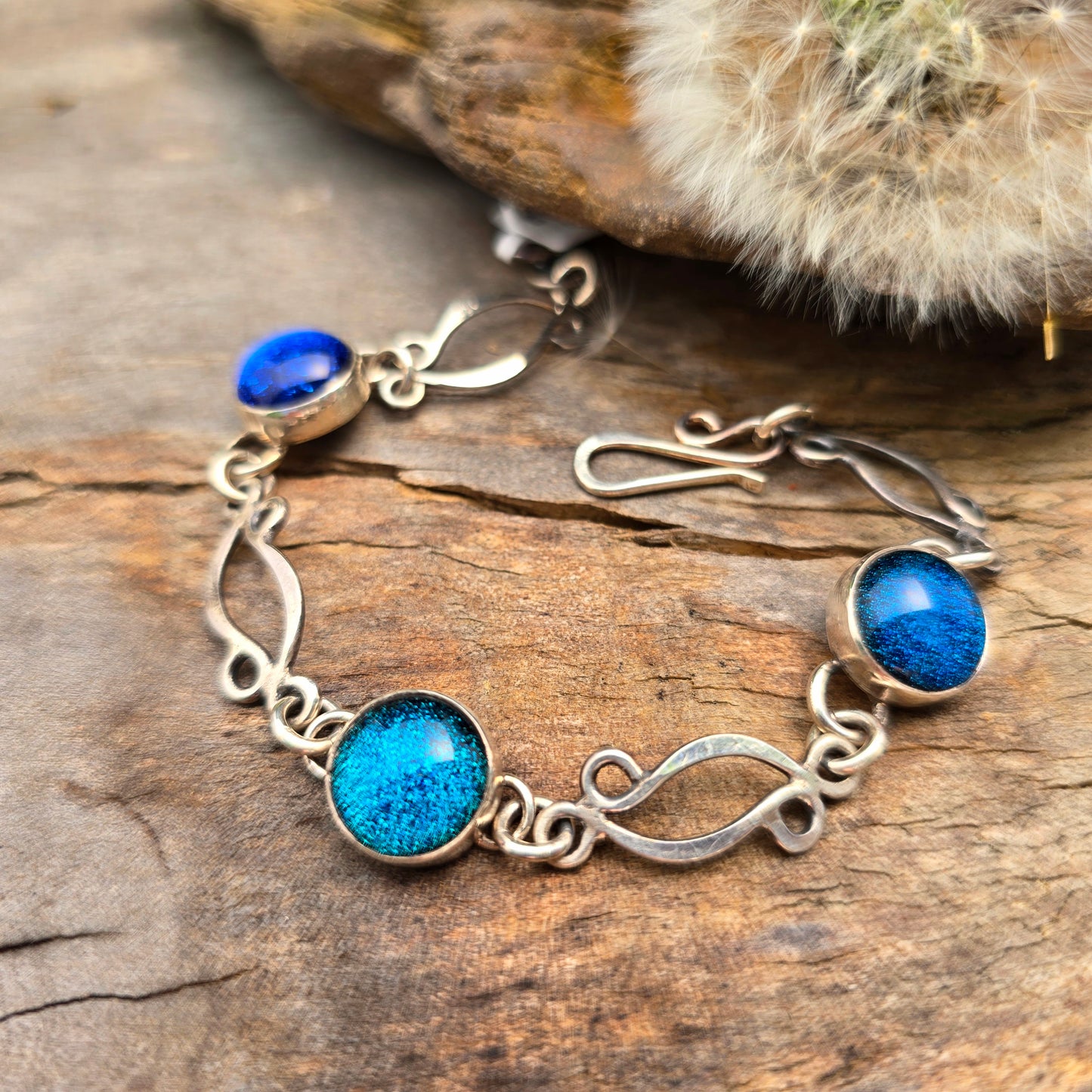 Blue Teal Dichroic Sterling Silver Windswept Link Bracelet