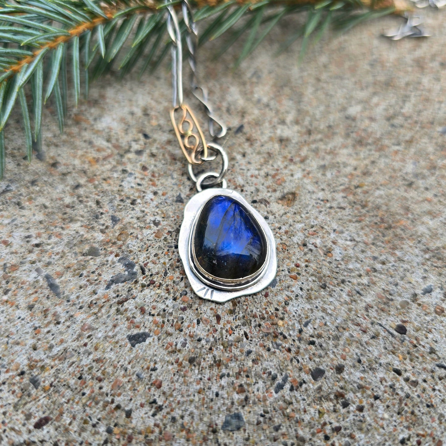 Blue Flash Labradorite Pendant with Flowing Backplate in Sterling Silver