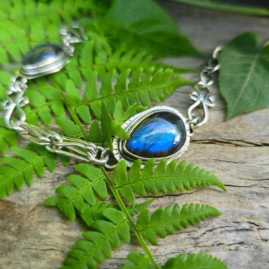 Blue Flash Labradorite Chain Link Bracelet — One-of-a-Kind Bench-Forged Sterling Silver