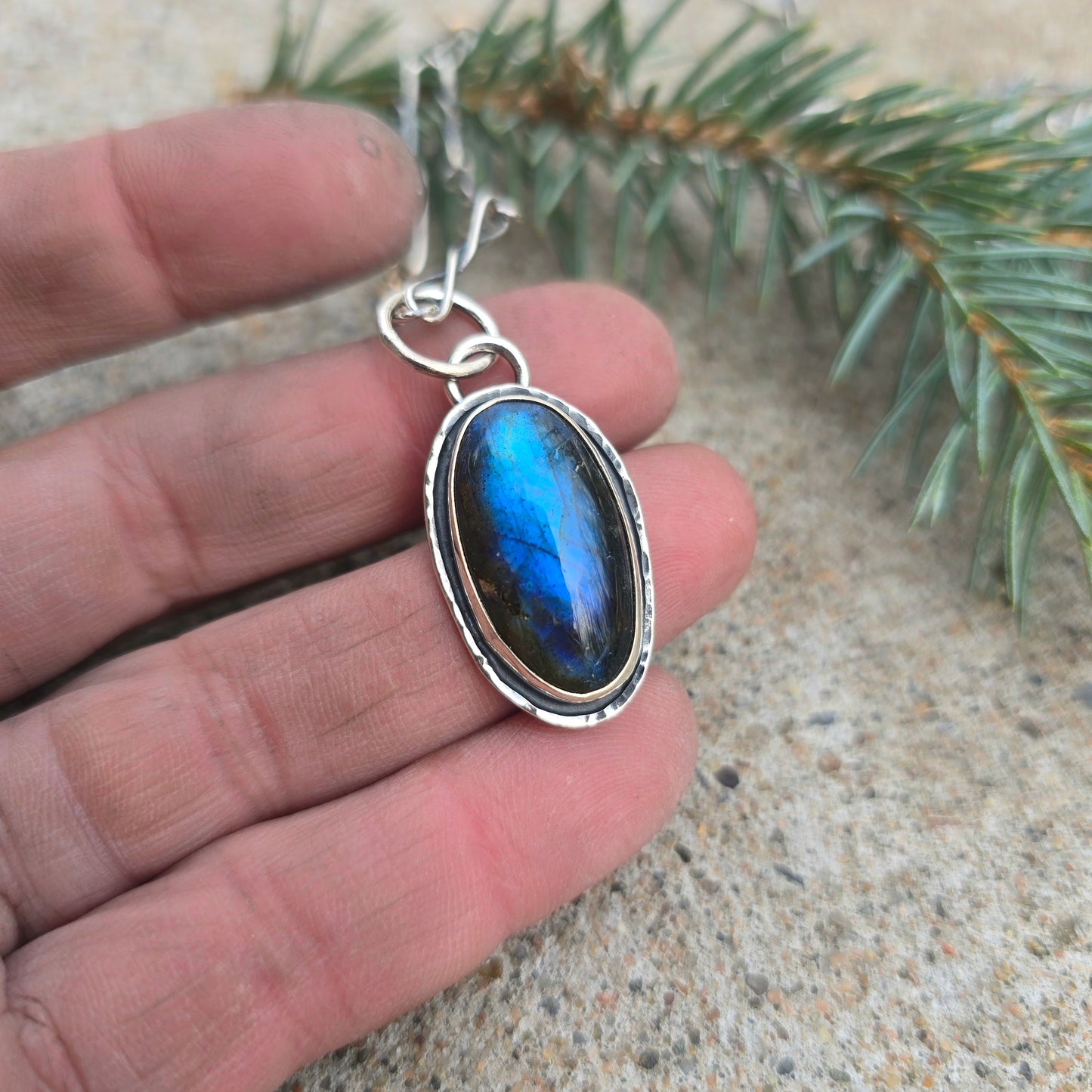 Blue Flash Labradorite Hand-Forged Sterling Silver Pendant