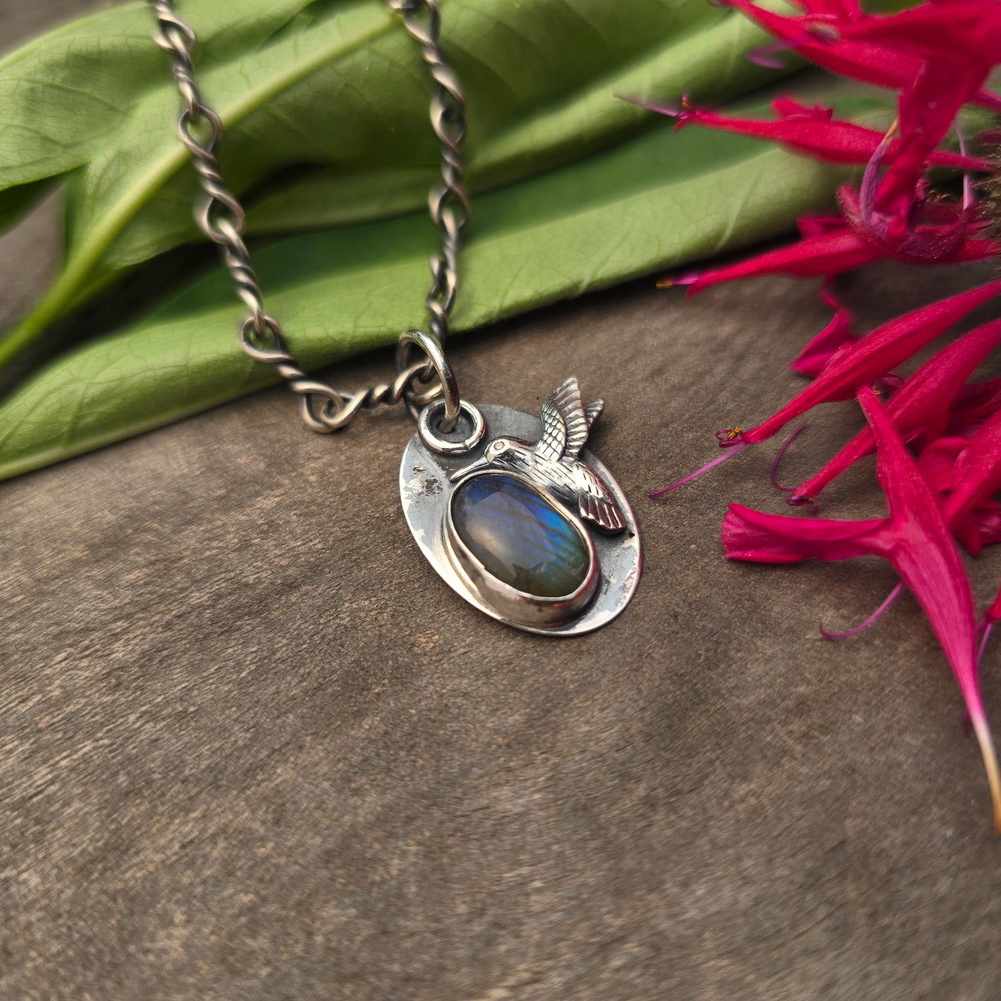 Green-Blue Labradorite Hummingbird Sterling Silver Pendant