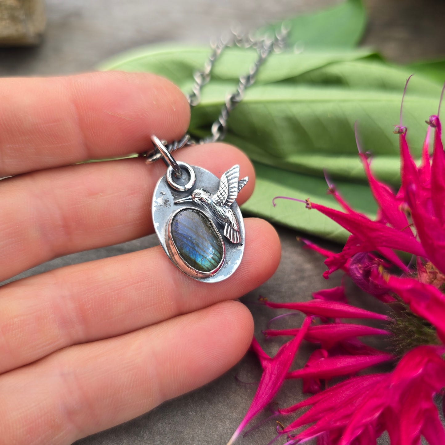 Green-Blue Labradorite Hummingbird Sterling Silver Pendant
