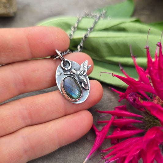 Green-Blue Labradorite Hummingbird Sterling Silver Pendant
