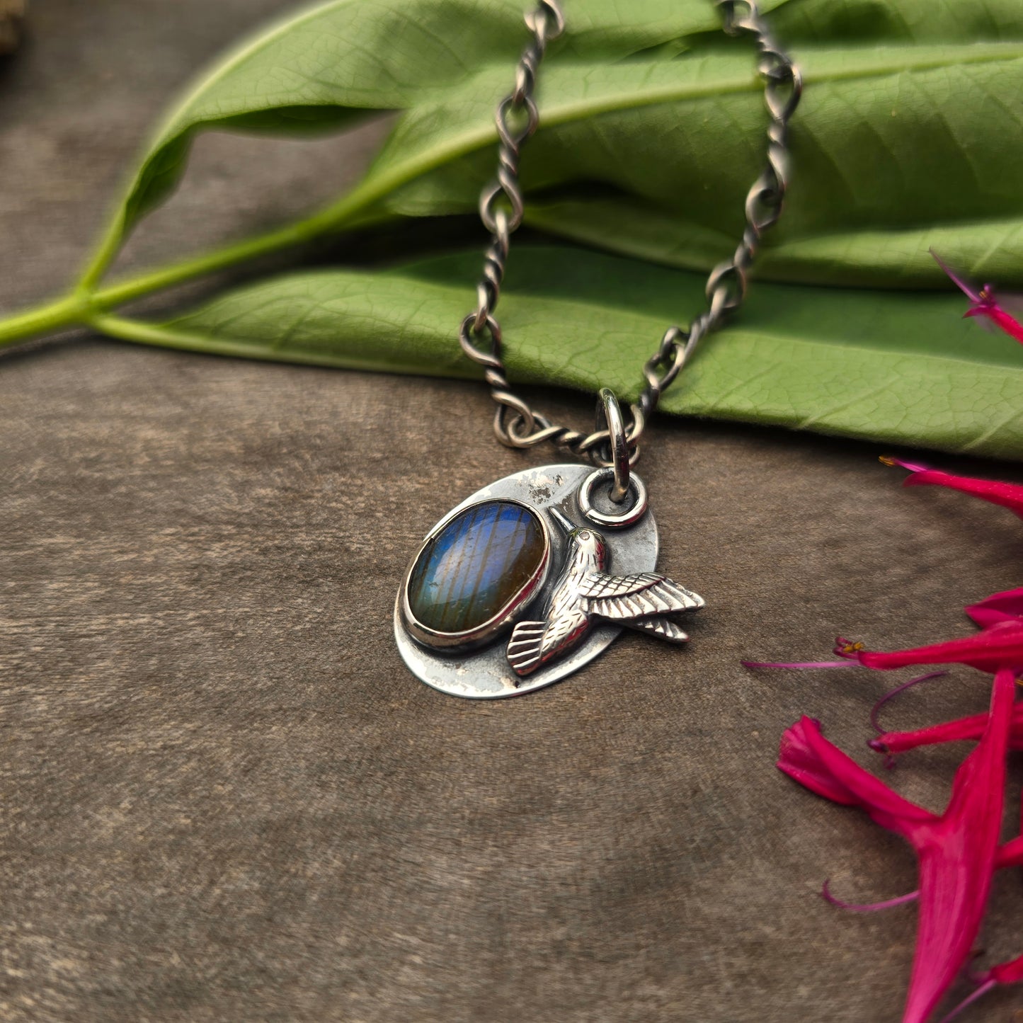 Green-Blue Labradorite Hummingbird Sterling Silver Pendant