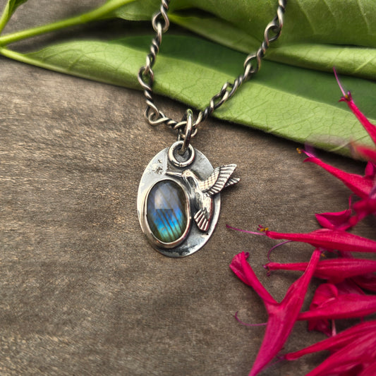 Green-Blue Labradorite Hummingbird Sterling Silver Pendant