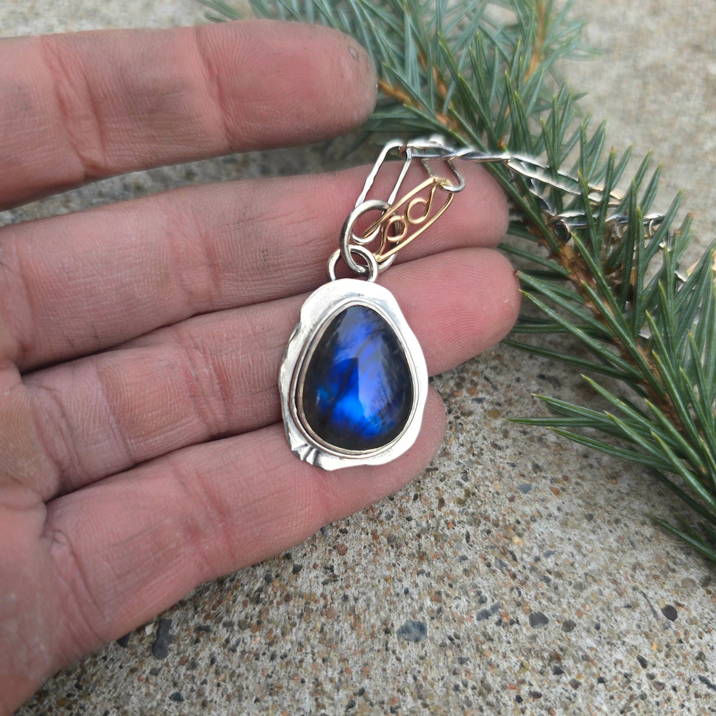 Blue Flash Labradorite Pendant with Flowing Backplate in Sterling Silver