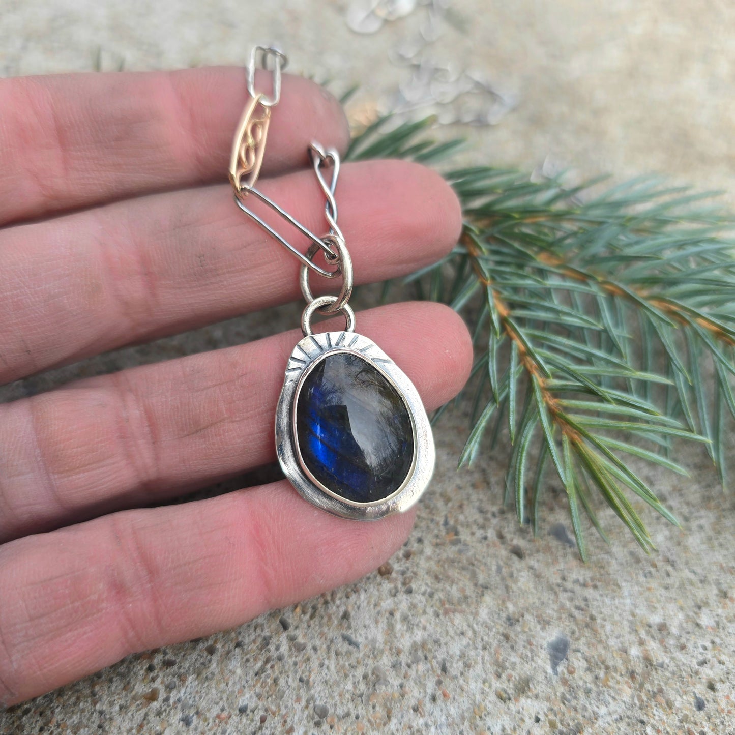 Blue Flash Labradorite Stamped Pendant in Hand-Forged Sterling Silver