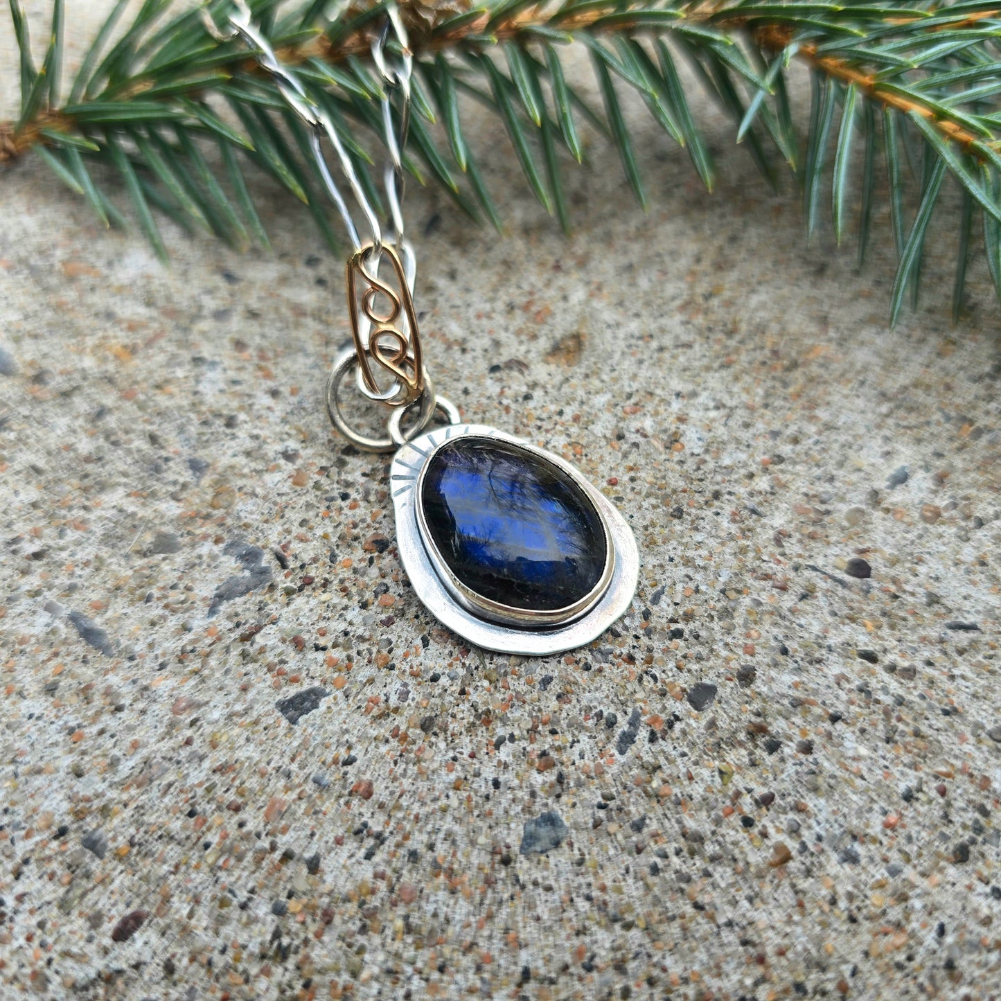 Blue Flash Labradorite Stamped Pendant in Hand-Forged Sterling Silver