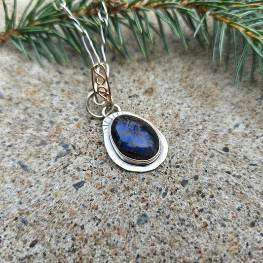 Blue Flash Labradorite Stamped Pendant in Hand-Forged Sterling Silver