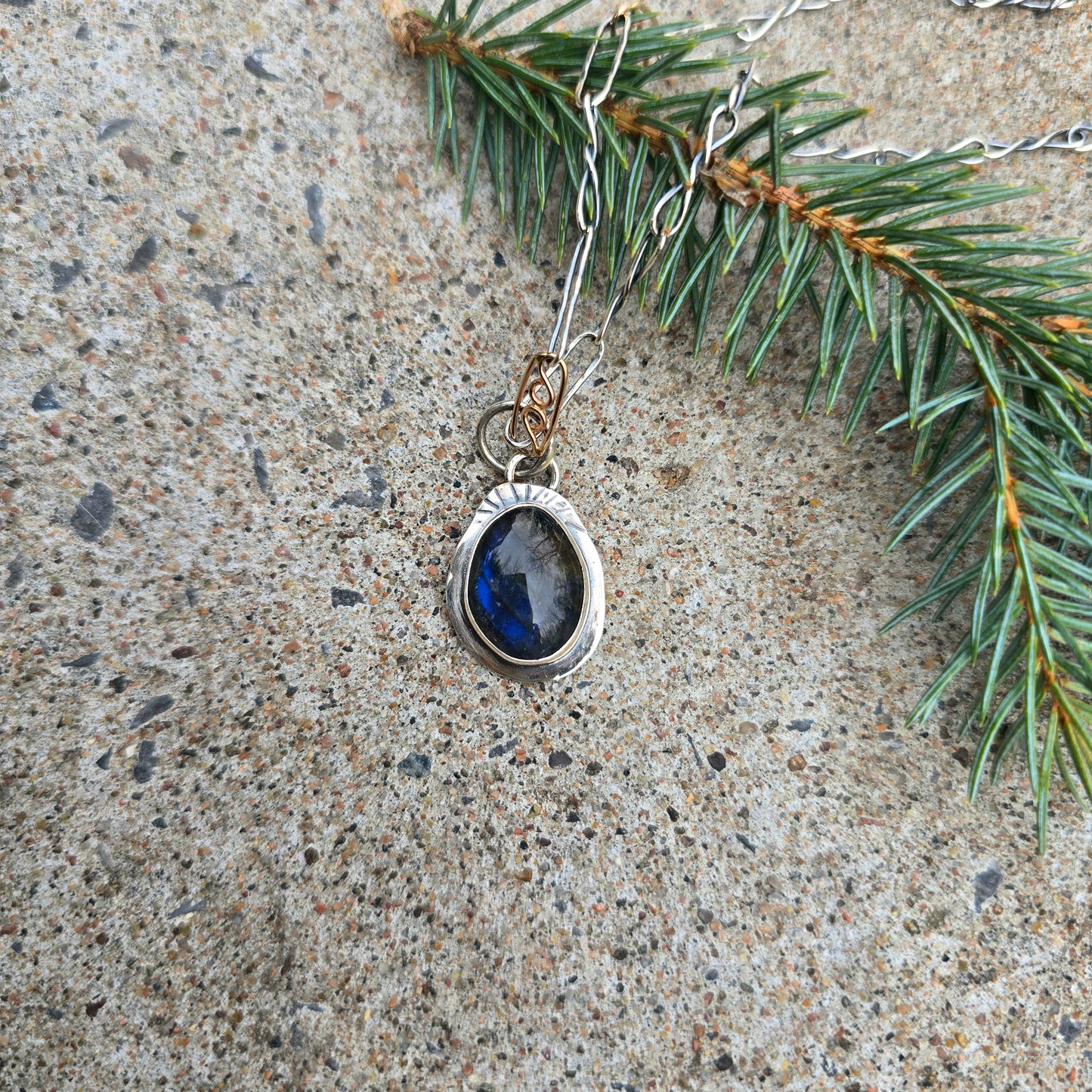 Blue Flash Labradorite Stamped Pendant in Hand-Forged Sterling Silver