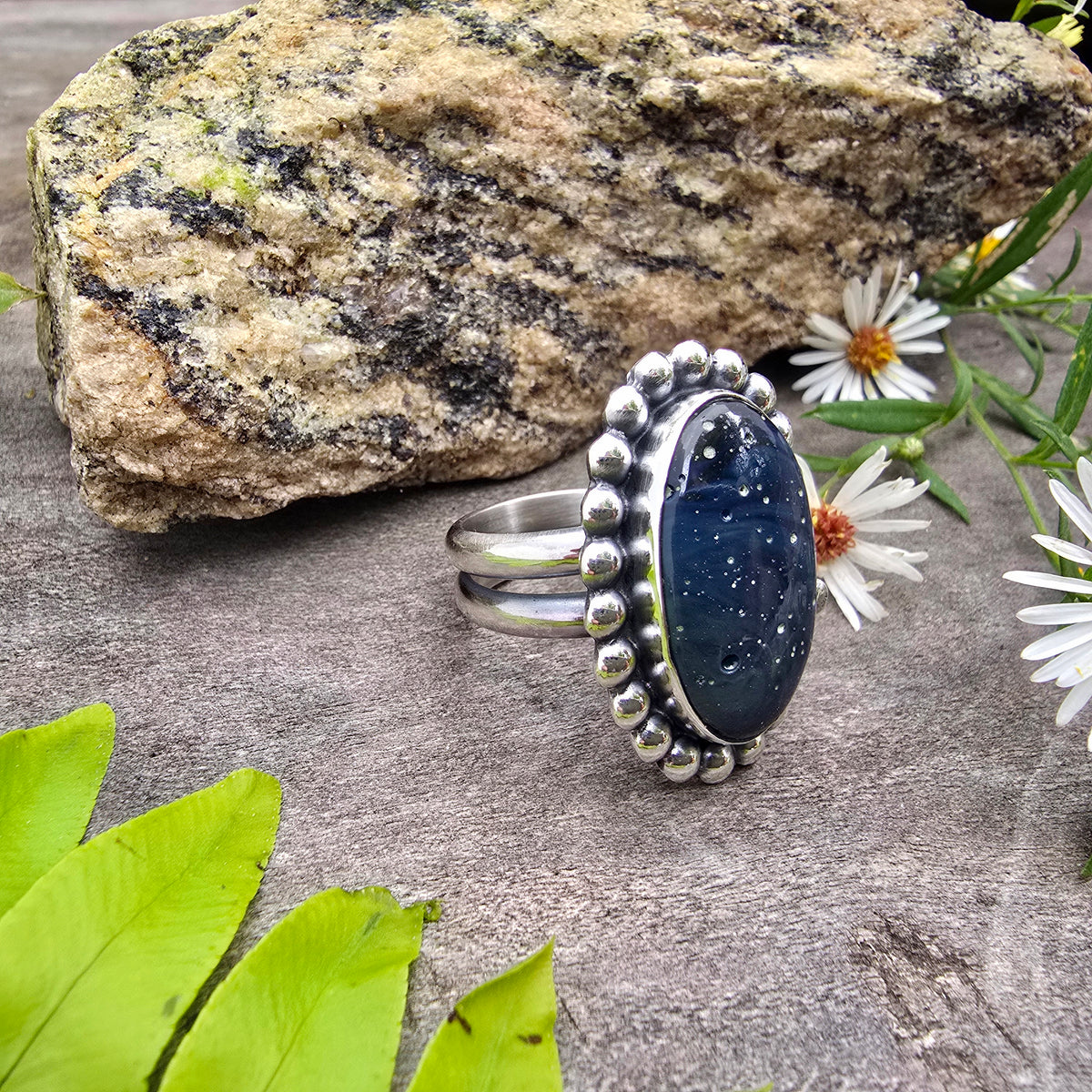 Blue Leland Beaded Double-Shank Sterling Silver Ring