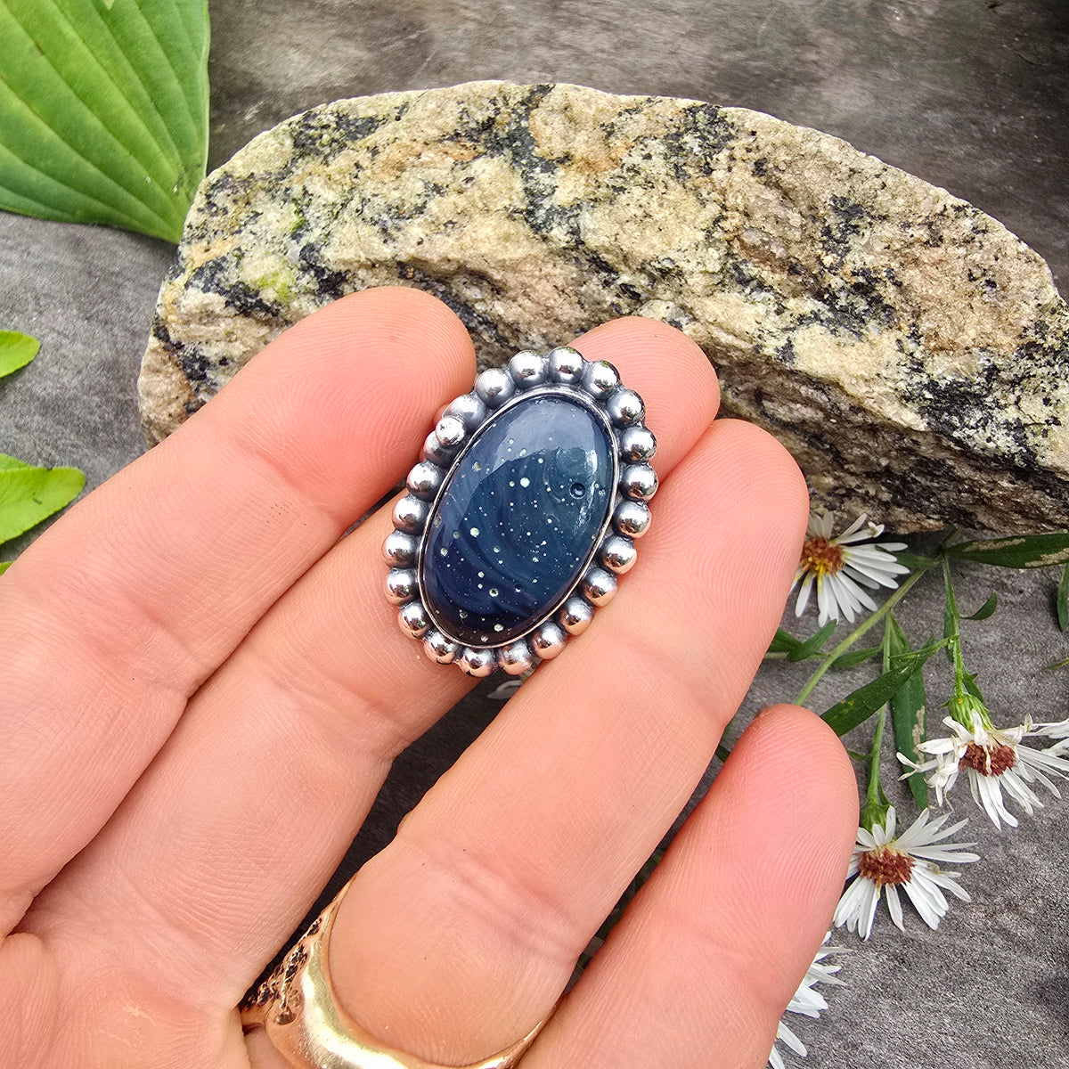 Blue Leland Beaded Double-Shank Sterling Silver Ring