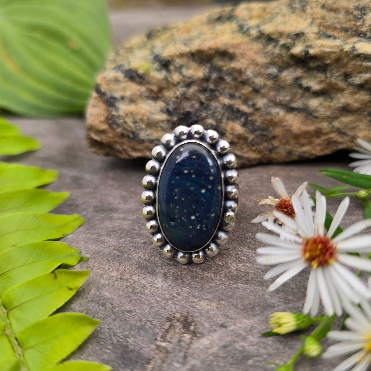 Blue Leland Beaded Double-Shank Sterling Silver Ring