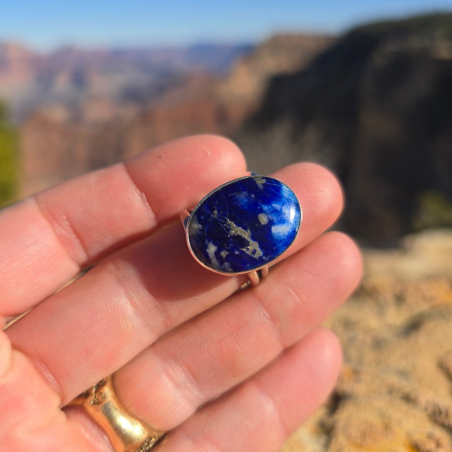 Oval blue sodalite stone set in a silver ring with a simple band design, displayed on a natural background on hand front view.