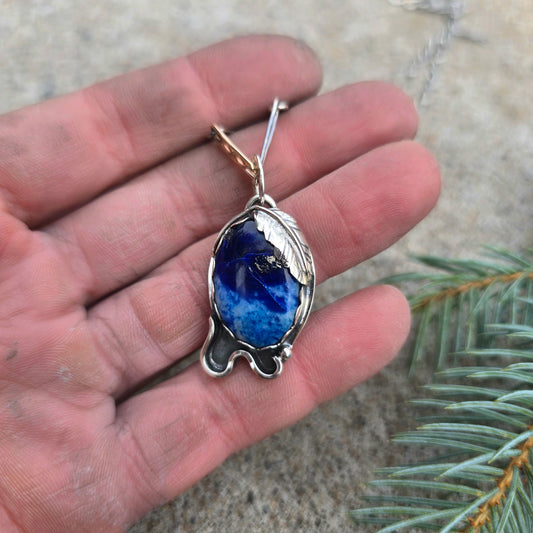 Blue & White Sodalite Feather Pendant in Hand-Forged Sterling Silver