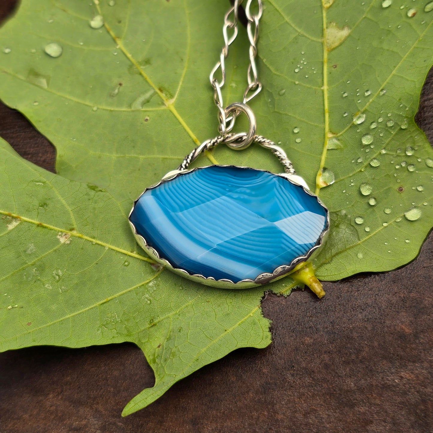 Blue Striped Agate Hand-Forged Sterling Silver Pendant