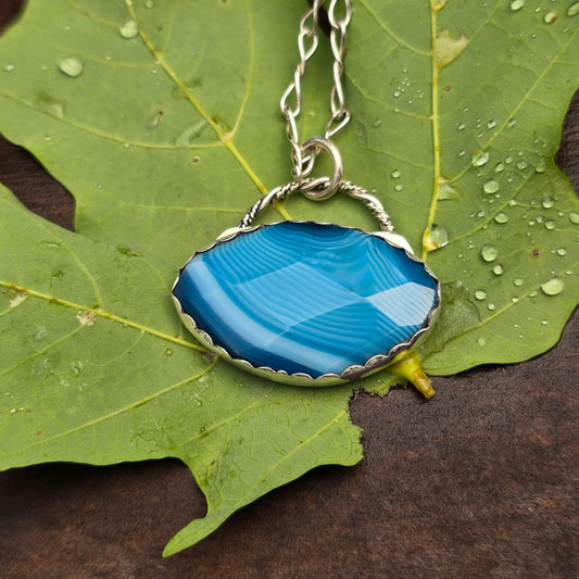 Blue Striped Agate Hand-Forged Sterling Silver Pendant