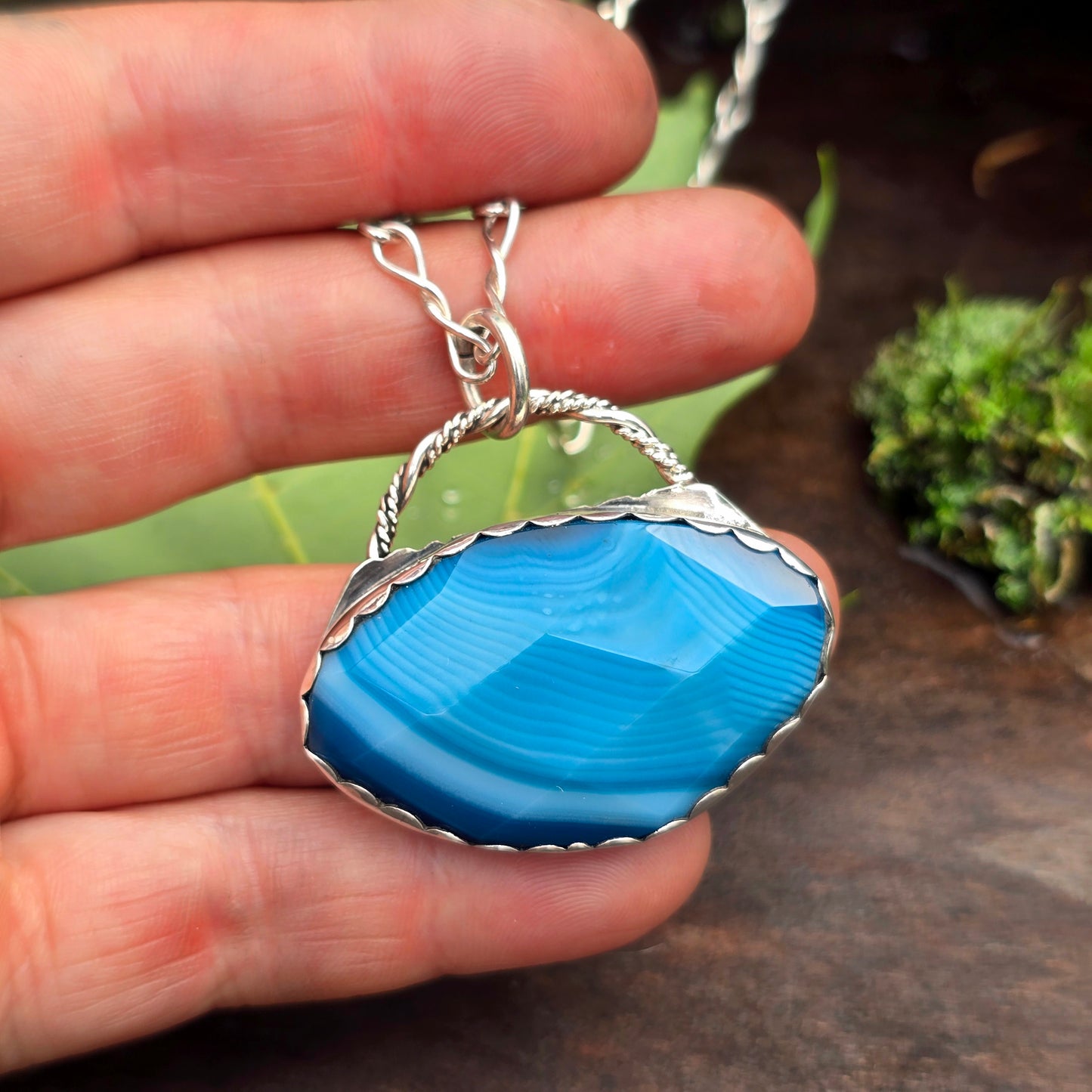 Blue Striped Agate Hand-Forged Sterling Silver Pendant