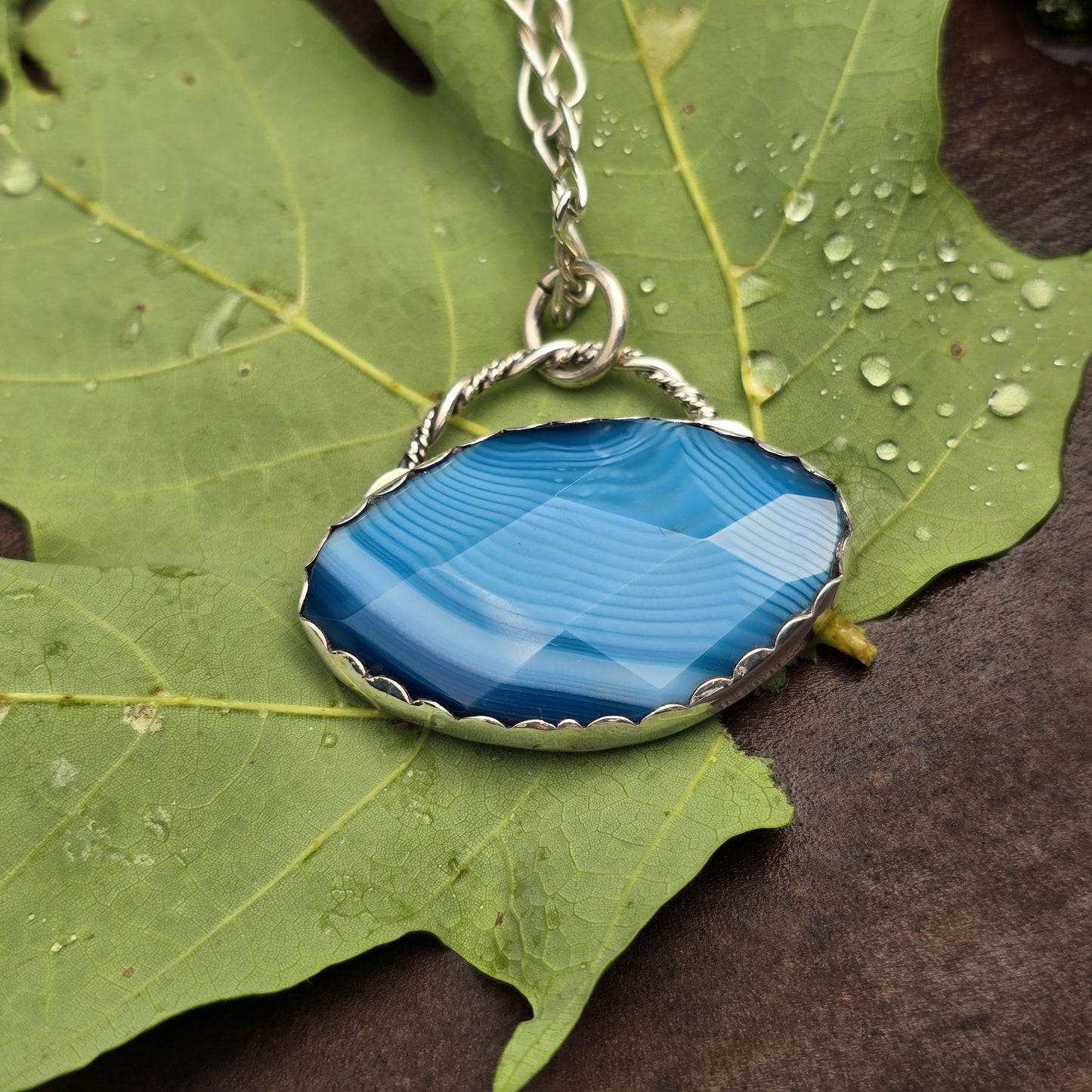 Blue Striped Agate Hand-Forged Sterling Silver Pendant