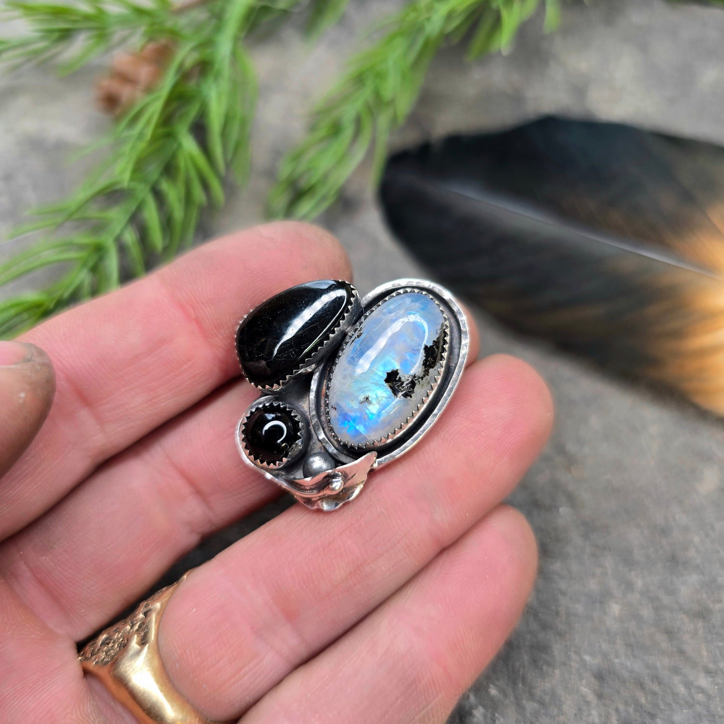 Boulder Ridge Moonstone & Black Stone Sterling Silver Ring