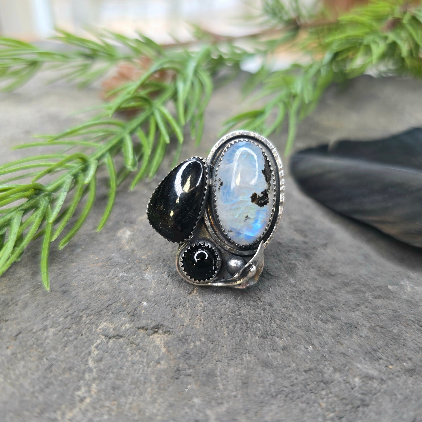 Boulder Ridge Moonstone & Black Stone Sterling Silver Ring