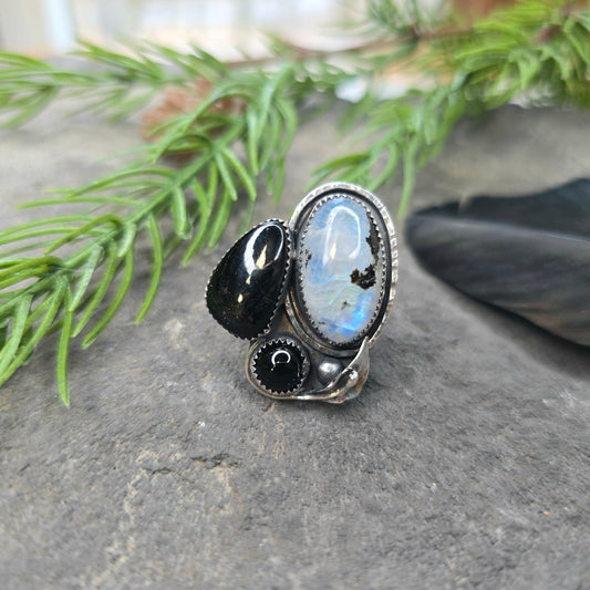 Boulder Ridge Moonstone & Black Stone Sterling Silver Ring