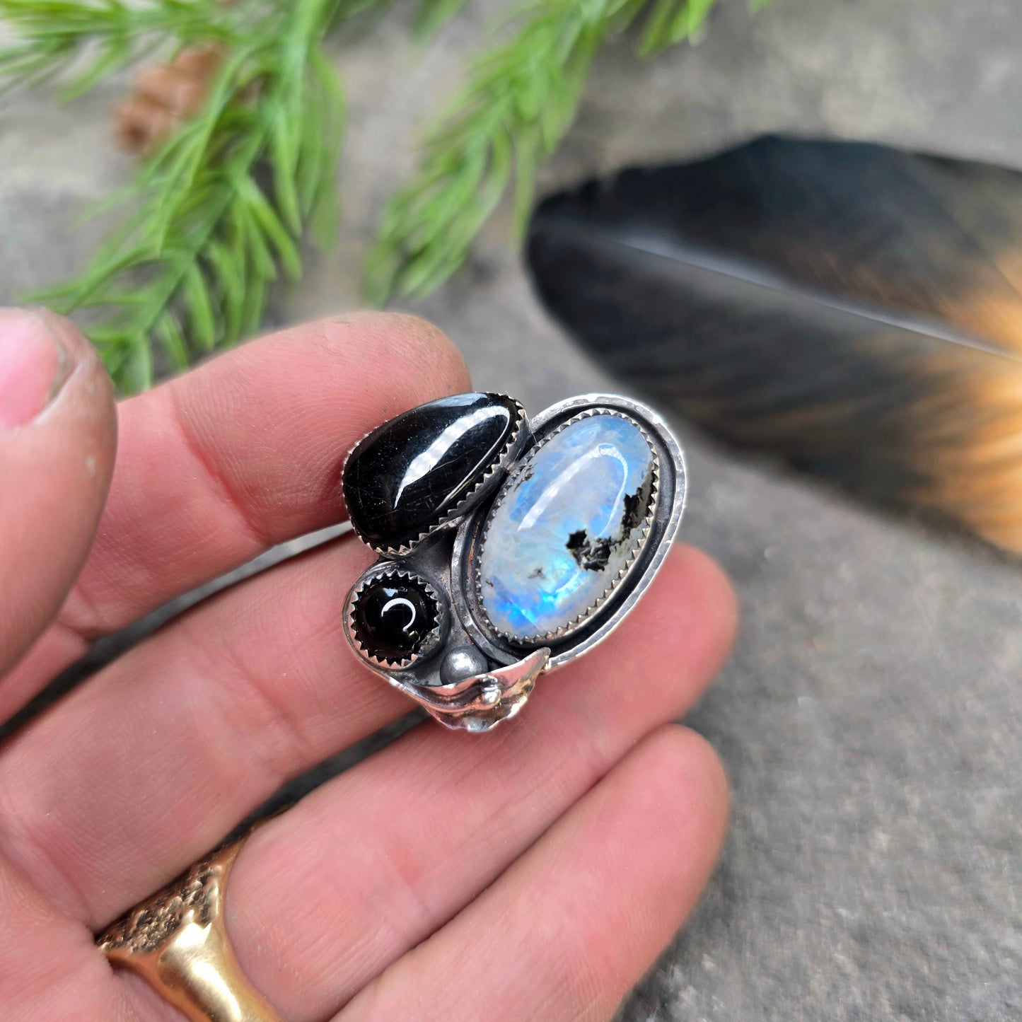 Boulder Ridge Moonstone & Black Stone Sterling Silver Ring