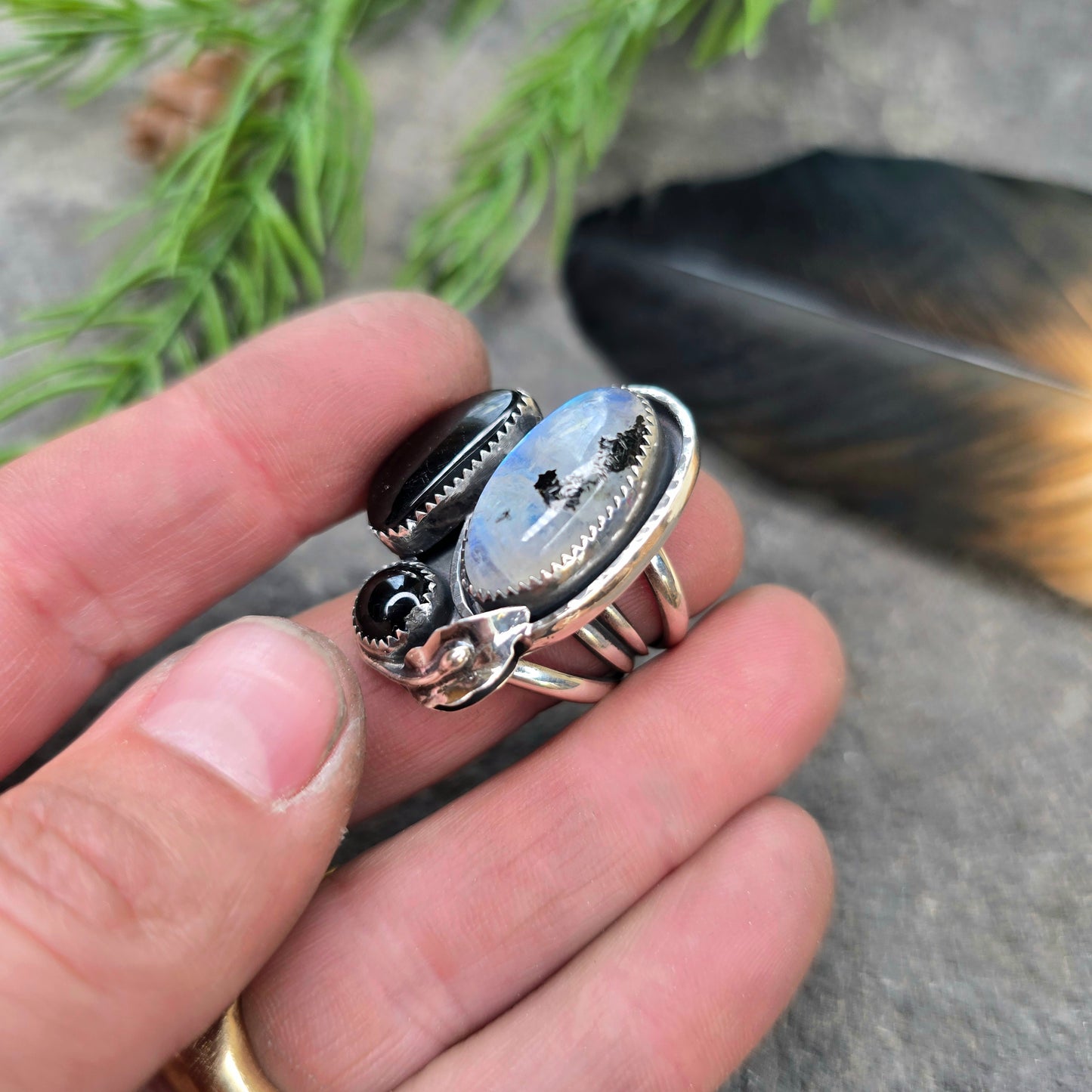 Boulder Ridge Moonstone & Black Stone Sterling Silver Ring