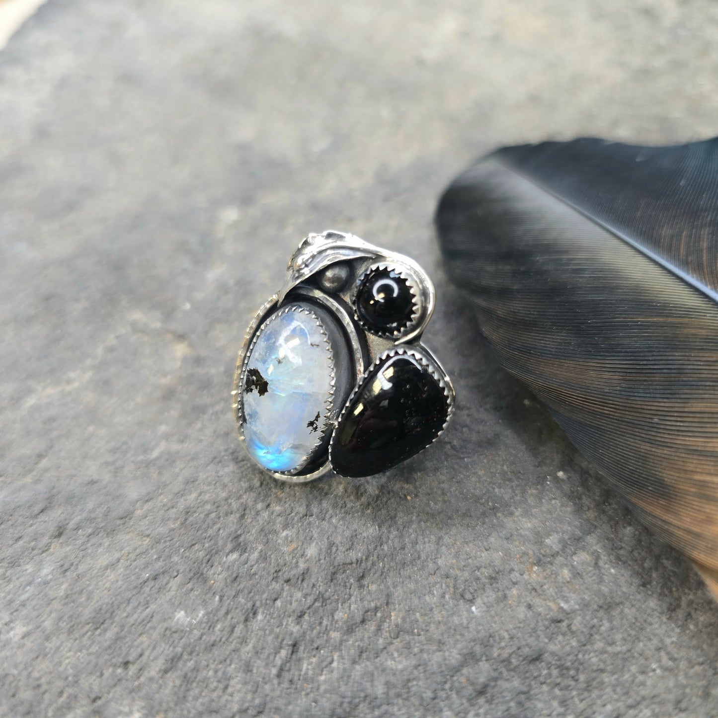 Boulder Ridge Moonstone & Black Stone Sterling Silver Ring