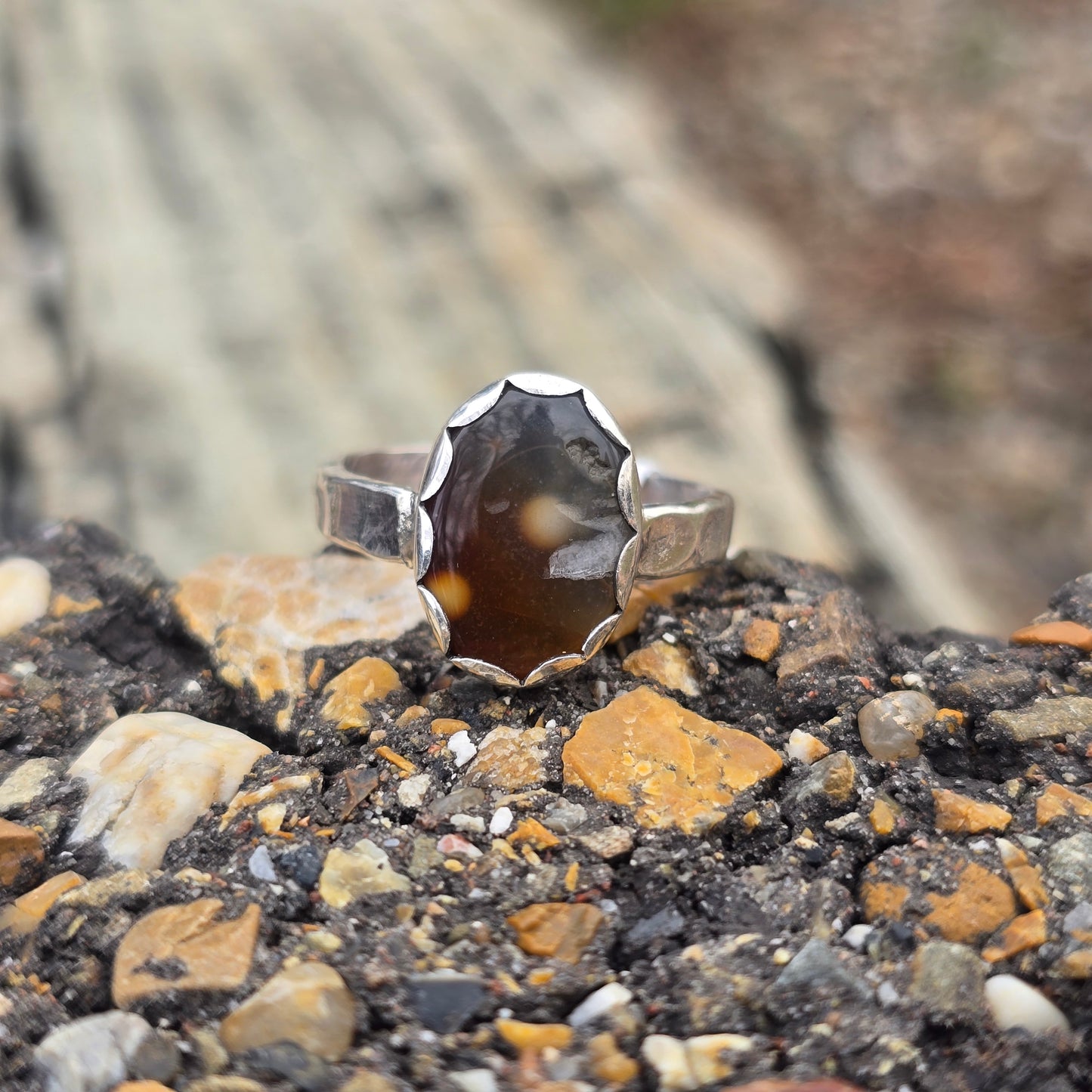 Neutral Ocean Jasper Stacker Ring in Hand-Forged Sterling Silver