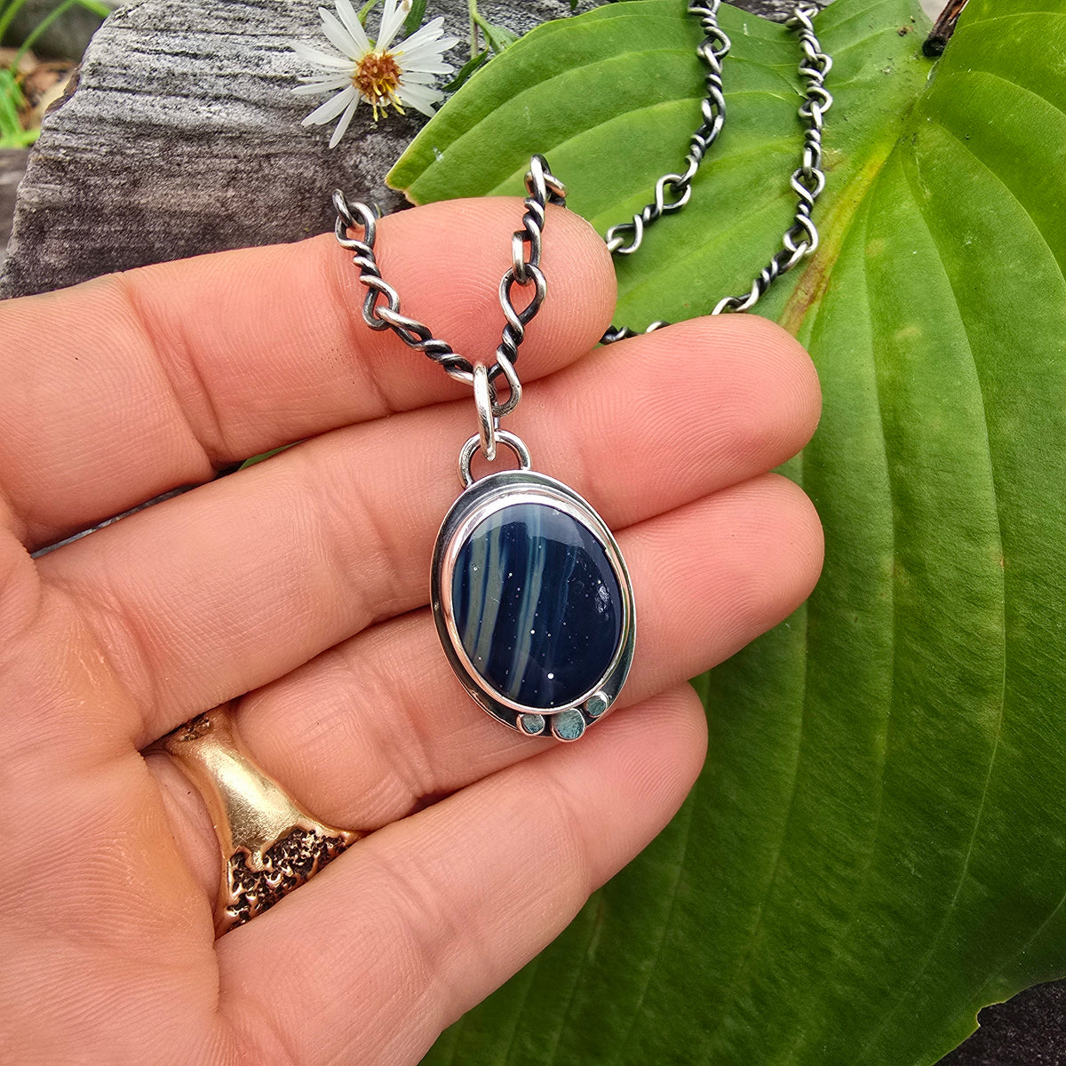 Blue Leland Hammered Bead Sterling Silver Pendant