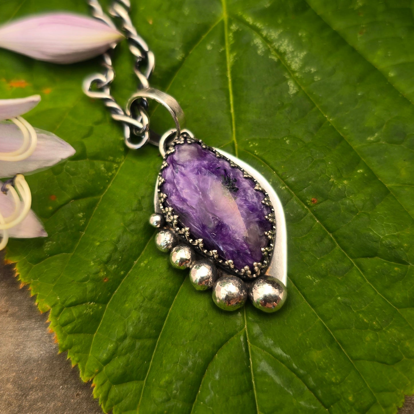Charoite Big Bead Hand-Forged Sterling Silver Pendant