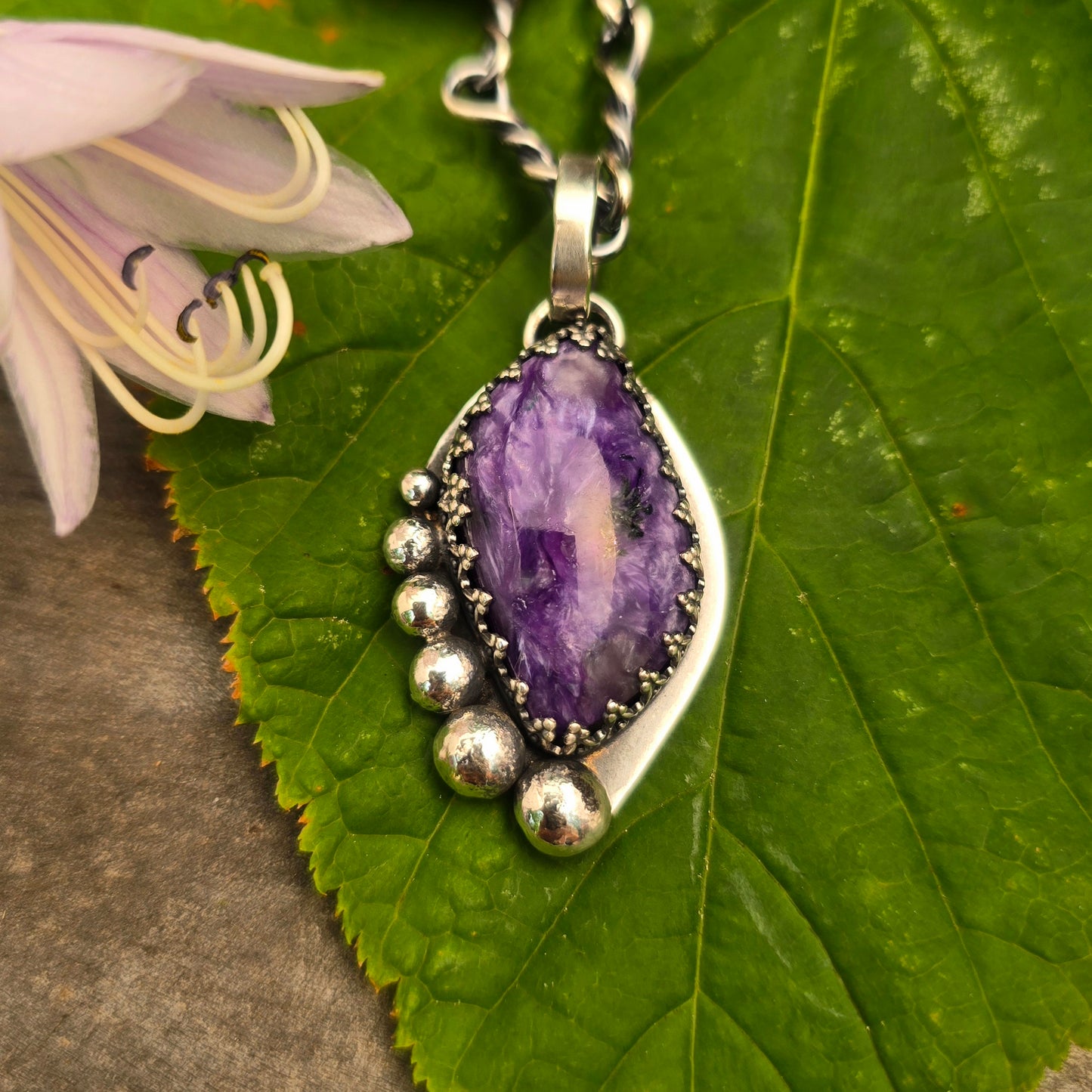 Charoite Big Bead Hand-Forged Sterling Silver Pendant