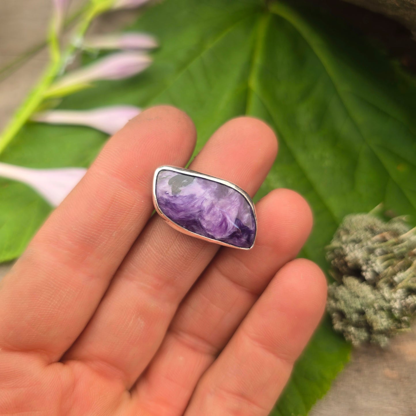 East-West Charoite Hand-Forged Sterling Silver Ring