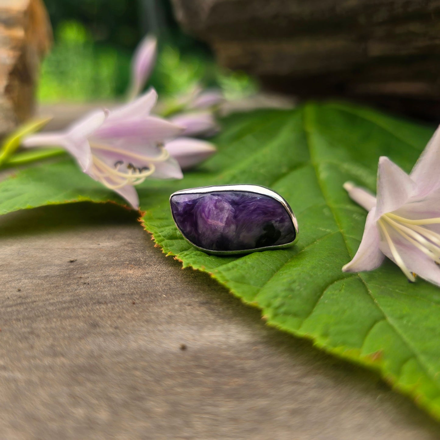 East-West Charoite Hand-Forged Sterling Silver Ring