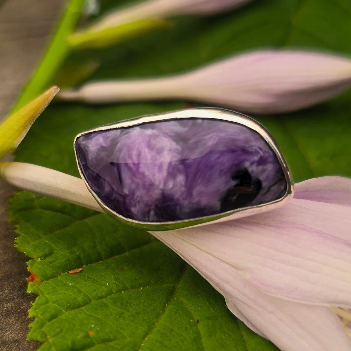 East-West Charoite Hand-Forged Sterling Silver Ring