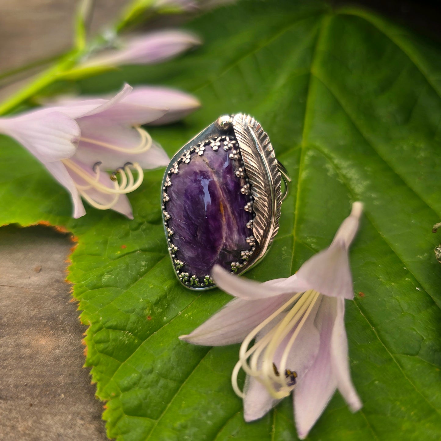 Charoite & Feather Hand-Forged Sterling Silver Statement Ring