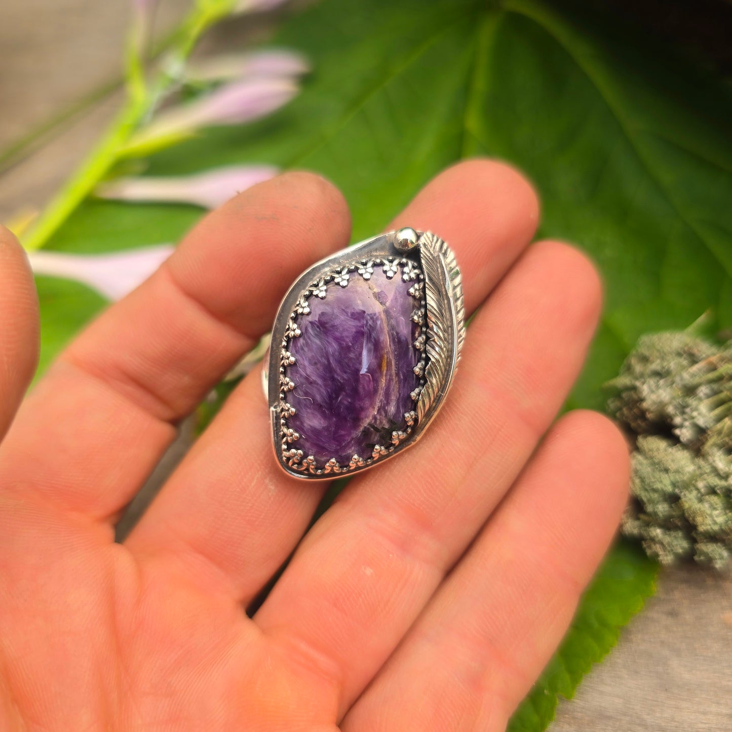 Charoite & Feather Hand-Forged Sterling Silver Statement Ring