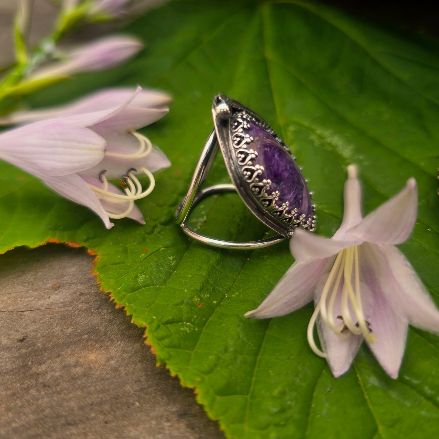 Charoite & Feather Hand-Forged Sterling Silver Statement Ring