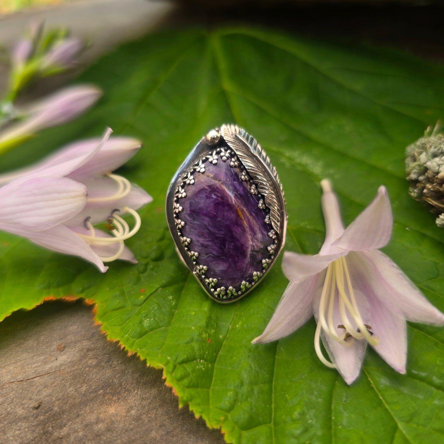 Charoite & Feather Hand-Forged Sterling Silver Statement Ring