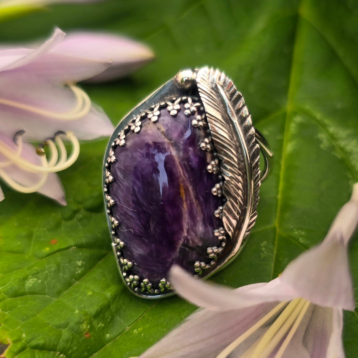 Charoite & Feather Hand-Forged Sterling Silver Statement Ring