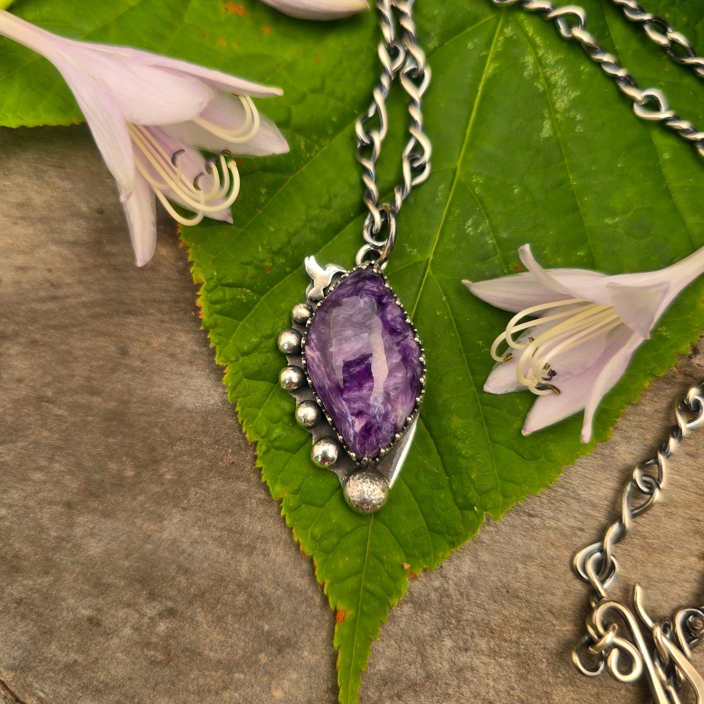 Charoite & Hummingbird Hand-Forged Sterling Silver Pendant